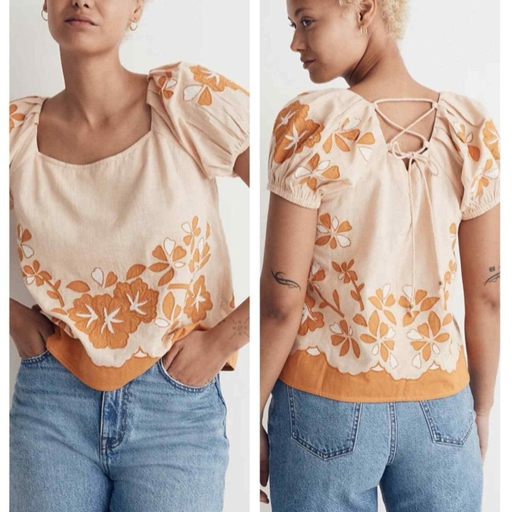 Madewell Cream and Orange Floral Embroidered Puff-Sleeve Top